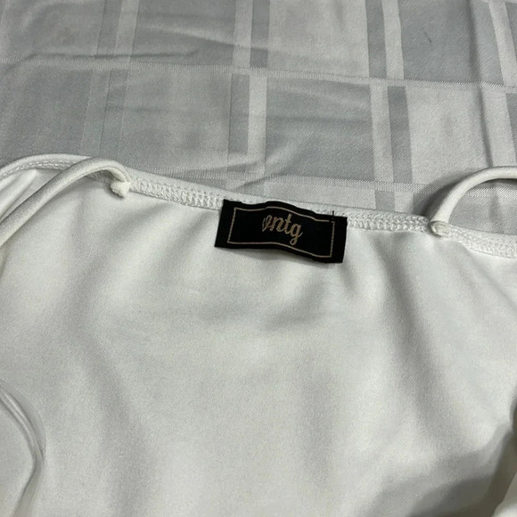 VNTG white faux wrap halter bodycon dress,ruching ,shirred,asymmetrical hem EC - Picture 13 of 14